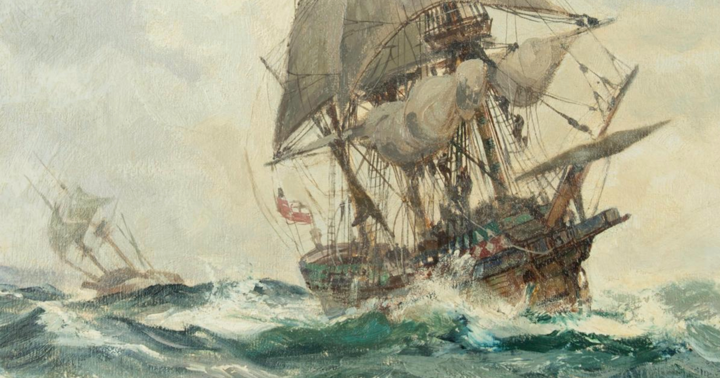The Ark & the Dove off the Scillies with Lord Baltimore aboard, Montague Dawson